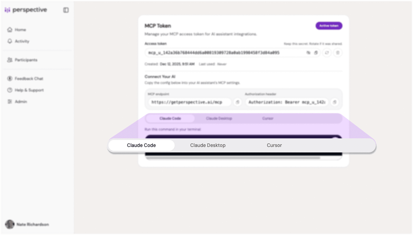 screenshot MCP Token page showing active token and configuration options